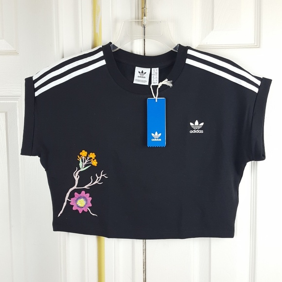 Adidas Floral Black Graph Cropped Top Tee Trefoil - Picture 2 of 8